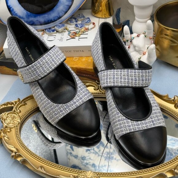 🆕 TORY BURCH 🧿 NWOB Mary Jane Heeled Ballet Flat, Blue Tweed, Sz 6.5 *SAMPLE* - Picture 3 of 16